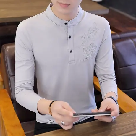 新款2021春季长袖T恤Polo衫男纯棉修身青年立领打底衫上衣服男装商品大图