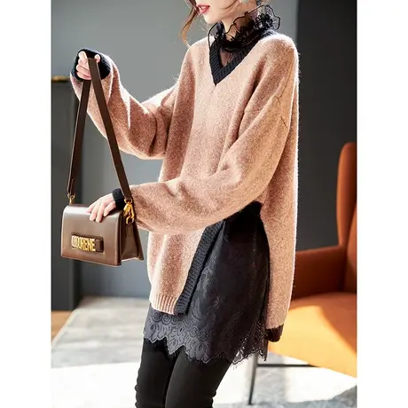 宝诗黎V领拼接宽松慵懒套头毛衣女落肩长袖针织衫2024年春季新款商品大图