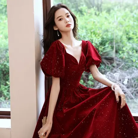 丝绒敬酒服新娘夏季公主法式高端红色小礼服订婚回门连衣裙中长款商品大图