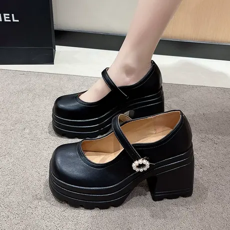 法式玛丽珍鞋子女鞋2024新款粗跟单鞋女黑色jk小皮鞋厚底超高跟鞋图片