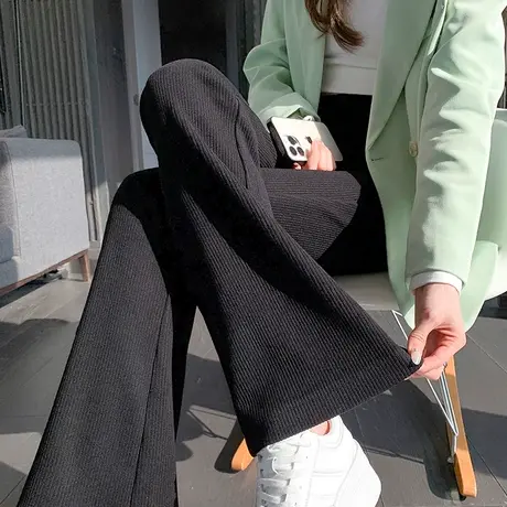 黑色针织喇叭裤女2024春秋新款高腰显瘦修身小个子美式休闲微喇裤商品大图