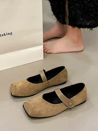 方头玛丽珍鞋女鞋子2024年春季新款绒面一字带复古法式配裙子单鞋图片