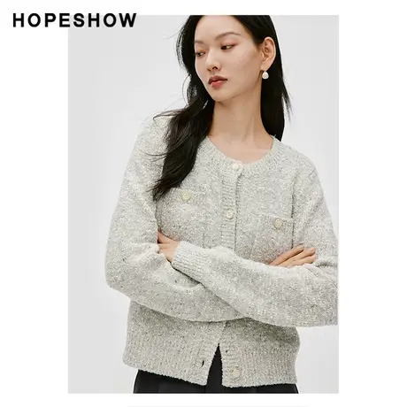 红袖单排扣正肩圆领针织衫女hopeshow2024春新款杂线开衫通勤外套图片