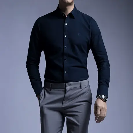 Seno商务修身法兰绒保暖男长袖衬衫韩版青年冬季深蓝色纯棉衬衣商品大图