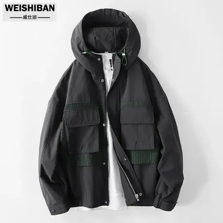 2024春季新款男士肌理拼接廓形夹克户外休闲冲锋衣连帽宽松外套男商品大图