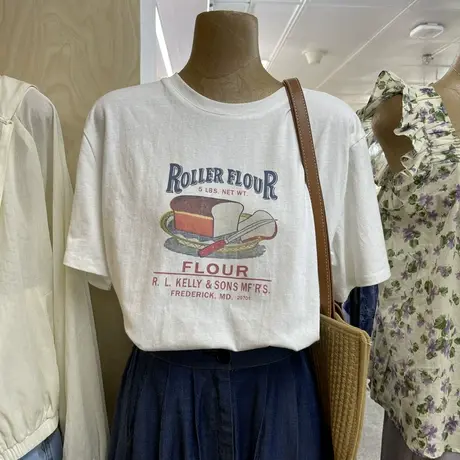 夏季净色新款气质显瘦韩国东大门减龄百搭圆领图案印花套头上衣女商品大图