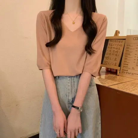 v领设计感五分袖t恤女2023新款春夏季宽松内搭早春短袖针织衫上衣商品大图