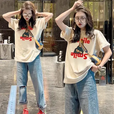 短袖t恤女2024年新款春秋季杏色卡通印花打底内搭上衣设计感小众商品大图