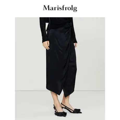 【围裹式半身裙】玛丝菲尔23春季新款黑色腰部褶皱不规则半身裙图片
