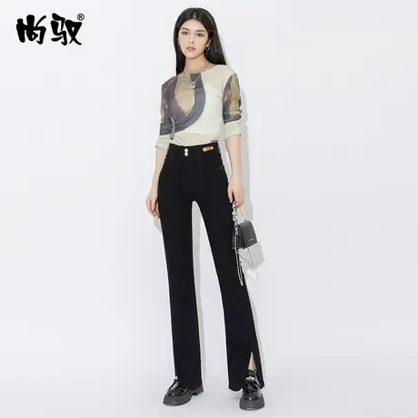 黑色弹力薄款双扣高腰牛仔筷子裤夏季新款小直筒裤修身开衩女裤子商品大图