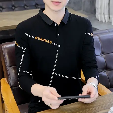 秋季纯棉长袖t恤男士体恤有带领上衣服翻领潮牌polo衫大码打底衫商品大图