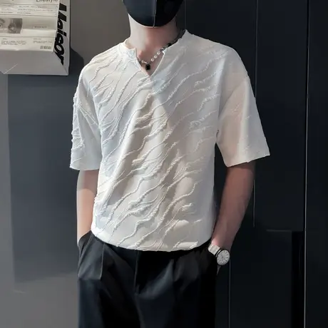 个性小V领短袖T恤夏季纯色褶皱提花上衣时尚发型师半袖网红打底衫商品大图