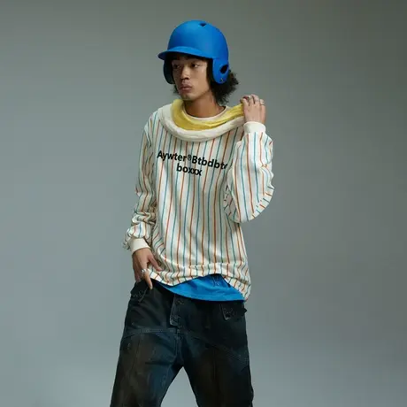 美式潮牌条纹圆领卫衣男士春秋季新款复古情侣装短款套头无帽上衣商品大图