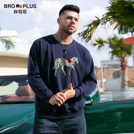 胖哥哥春秋圆领卫衣男ins潮牌宽松加肥加大码套头打底衫上衣男装图片