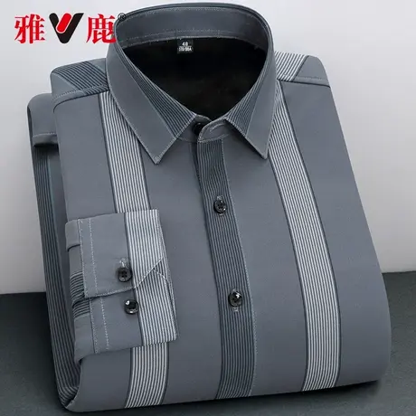 雅鹿2022秋冬新款男士翻领长袖衬衫加绒加厚商务休闲爸爸保暖衬衣商品大图