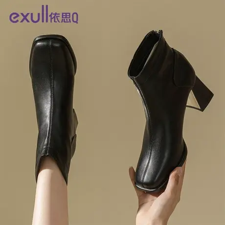 依思Q厚底马丁靴女款2023新款秋英伦风方头短靴单靴黑色机车靴子图片