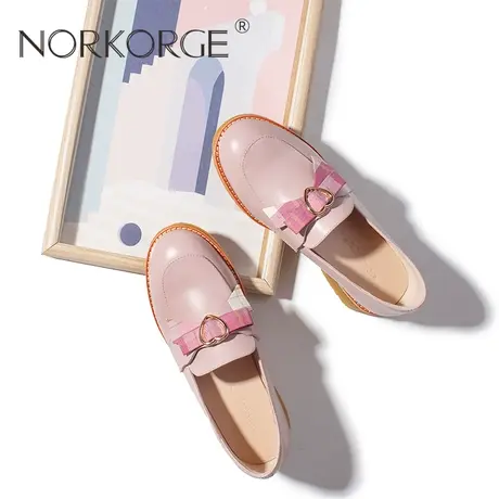 原创新款手工仙女风温柔粉蝴蝶结乐福鞋女真皮圆头粗跟厚底小皮鞋图片