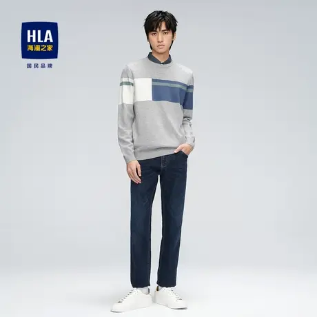 HLA/海澜之家2023假两件长袖针织衫双领撞色色块毛衣男图片