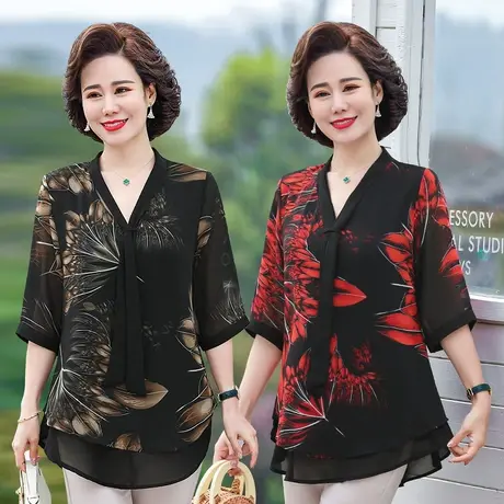 妈妈夏装小衫洋气适合40岁50短袖t恤中年女春夏七分袖雪纺衫套装图片