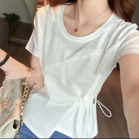 短袖白色t恤女夏季2023新款爆款小心机设计感漂亮小衫不规则上衣图片