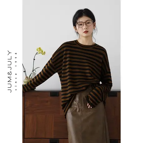 嘉茱莉2023秋季新款撞色条纹针织衫女小个子针织套头上衣宽松圆领商品大图