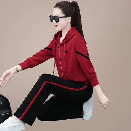 连帽休闲运动套装女春秋2023年新款时尚拉链卫衣外套直筒裤两件套图片