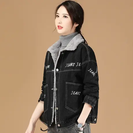 韩潮袭人加绒加厚黑色牛仔短外套女2020年秋冬新款刺绣保暖夹克衫图片