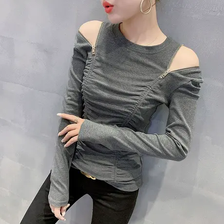 春装2023年新款女性感露肩T恤女长袖小众设计感上衣洋气打底衫潮商品大图
