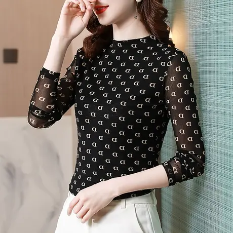 欧货网纱打底衫女加绒春秋2023新款半高领上衣ins字母印花长袖T恤商品大图