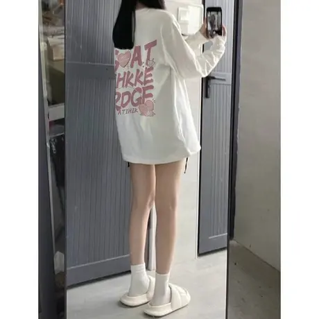 白色小众宽松oversize长袖t恤女2023新款春季薄款内搭打底上衣女图片