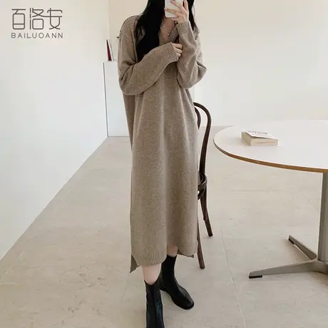 百洛安宽松慵懒风长款过膝毛衣女秋装新款时尚V领长袖针织连衣裙图片