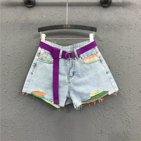 欧货彩色牛仔短裤女2023夏季时尚破洞撞色口袋显瘦a字阔腿热裤潮商品大图