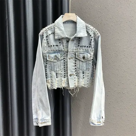 2023秋季新款欧货重工钉珠设计感牛仔外套女时尚潮流长袖夹克上衣图片