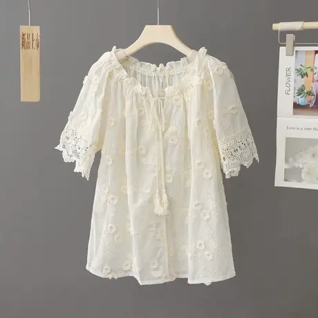 法式小众短袖t恤女2023年夏装新款大圆领3D提花中袖小衫洋气上衣图片