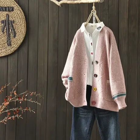 枫谜2020年秋冬新款文针织灯笼袖V领毛衣女宽松外搭针织开衫外套图片