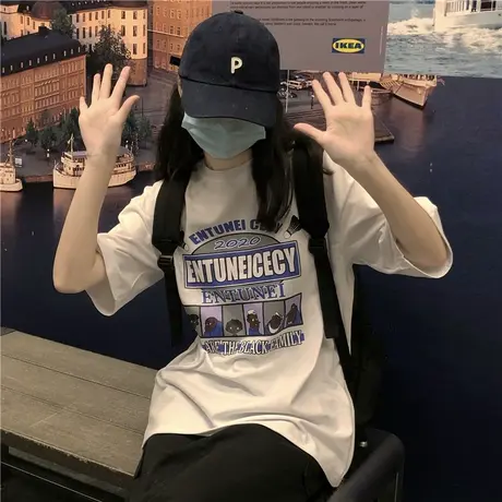 夏季2023新款美式复古字母印花盐系百搭宽松大版短袖T恤上衣女装商品大图