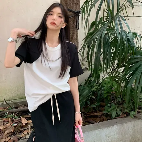 胖mm大码女装遮肚子上衣藏肉宽松撞色链条短袖t恤设计感小众夏季商品大图