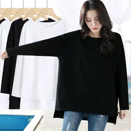 黑色长袖t恤女纯棉宽松超大版体恤大码胖mm中长款前短后长上衣秋图片