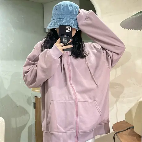 红续oversize纯色连帽宽松卫衣女春秋薄款开衫外套韩版复古慵懒风图片