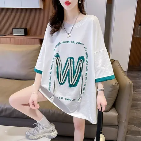 小众设计感短袖t恤女夏季韩版宽松大码女装中长款半袖假两件上衣商品大图