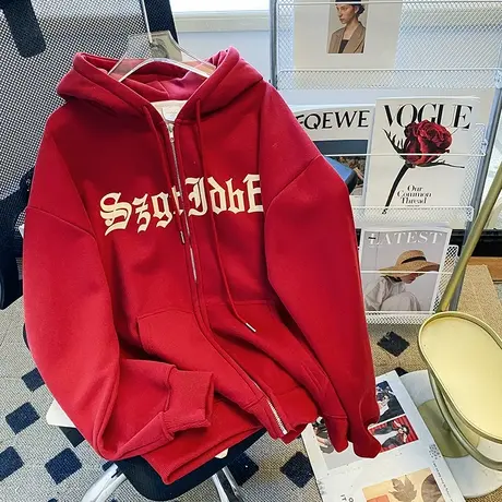 美式复古设计感连帽卫衣女秋冬加绒加厚ins潮牌宽松大码开衫外套商品大图