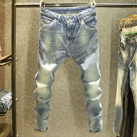 设计师款男士牛仔裤个性拼接修身小脚裤潮牌猫须欧美机车弹力长裤商品大图