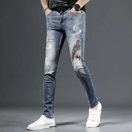 高端牛仔裤男春季2023新款潮牌修身小脚蓝色个性刺绣男士弹力裤子图片