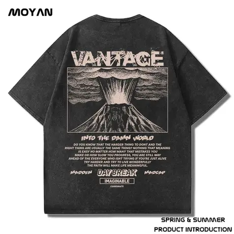 美式复古300g重磅短袖100%纯棉宽松水洗做旧大码男装潮牌半袖T恤商品大图