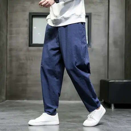 中国风宽松拉链休闲裤男士复古灯笼裤亚麻长裤棉麻松紧腰哈伦裤图片