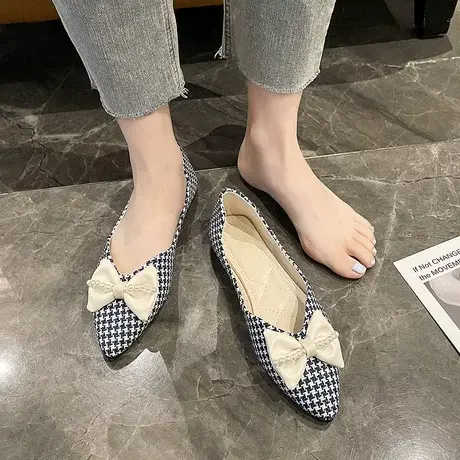 韩版2023春季新款尖头浅口低跟单鞋女蝴蝶结平底休闲串珠仙女鞋潮商品大图