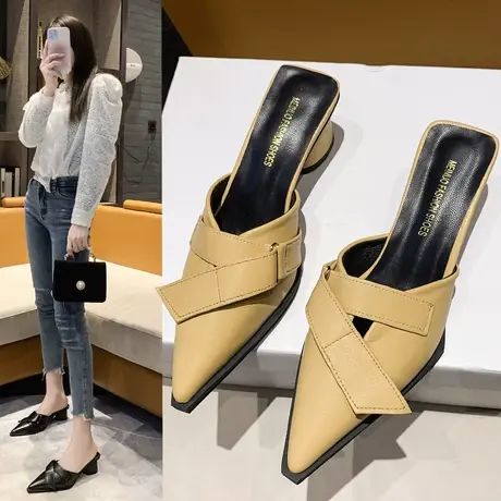 尖头粗跟半拖鞋女2023夏秋新款时尚欧美性感增高百搭包头无后跟潮商品大图
