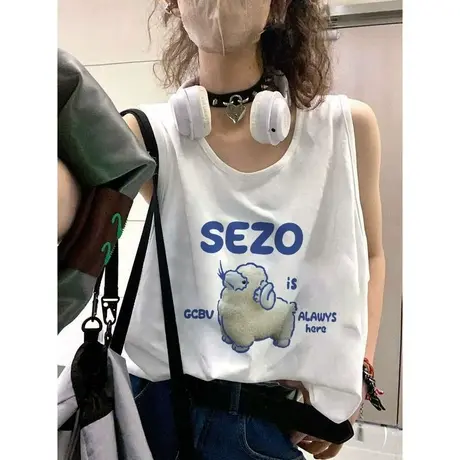 美式复古纯棉吊带运动坎肩背心无袖t恤女夏外穿宽松港风挂脖上衣图片