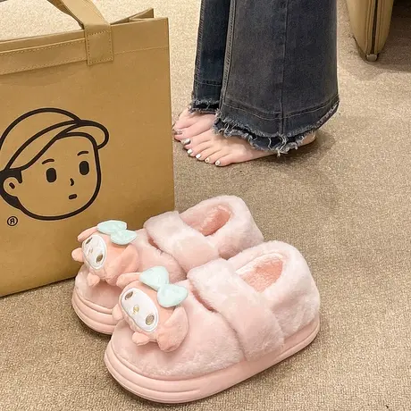 冬季可爱棉拖鞋女室内外穿卡通厚底防滑家居月子毛绒保暖包跟棉鞋商品大图