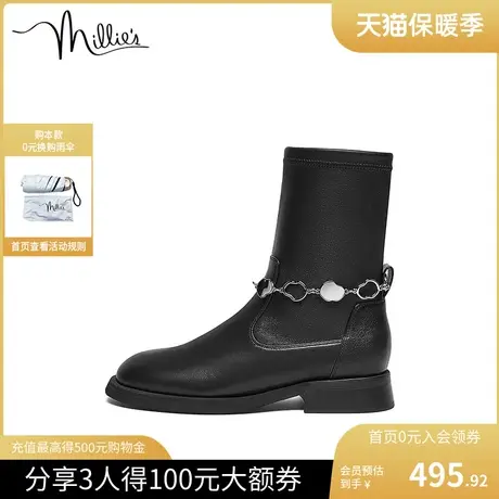 millie's妙丽冬新款牛皮葫芦链条方跟时装女瘦瘦短靴89001DZ2图片